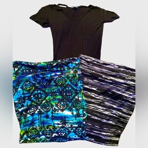 Lot of 2 stretchy mini skirt sz L black white gray blue green